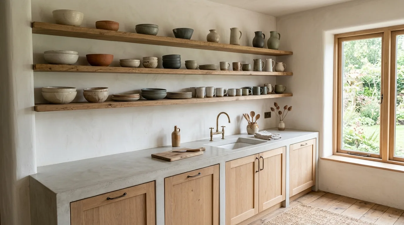 Keep the kitchen open and materially honest inspiration for a Wabi Sabi interior.